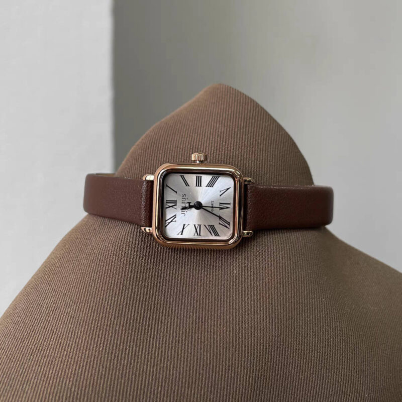Dainty Brown Small Square Genuine Leather Watch