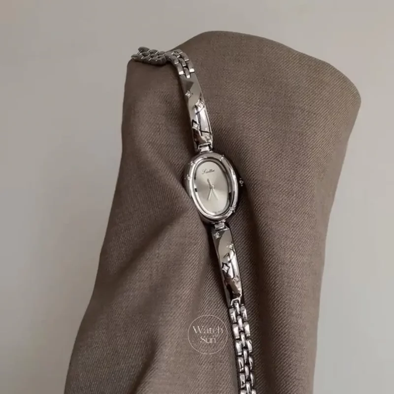 Minimalist Silver Oval Dial Bracelet Watch Star Accents Dainty Silver Ladies Watch