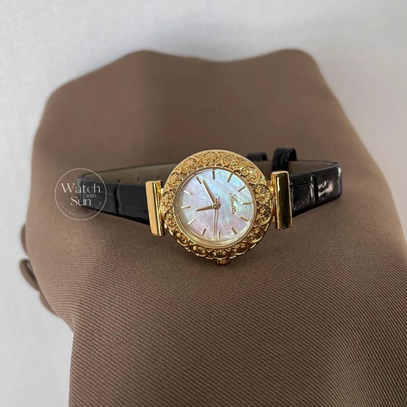 Dainty Mother of Pearl Round Face Black Leather Watch