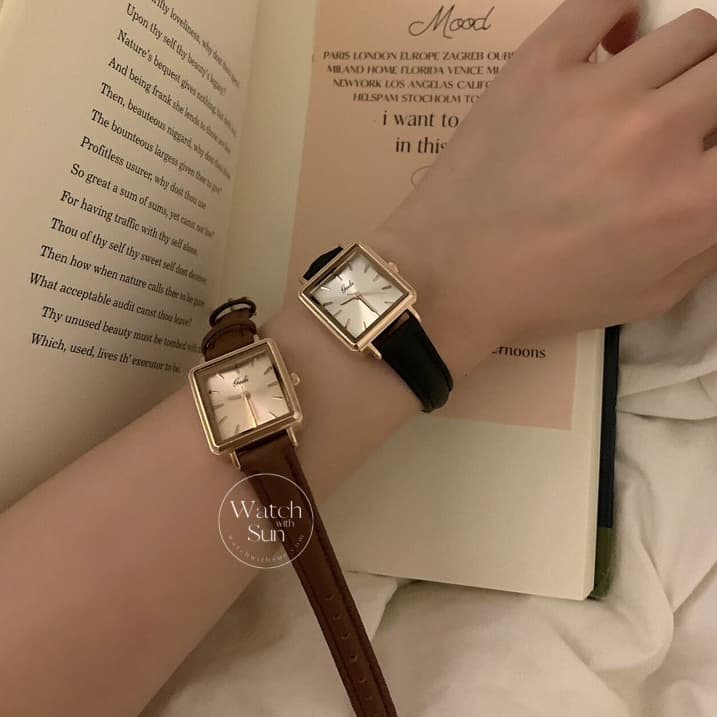 Classic Black/Brown Rectangle Leather Watch for Women