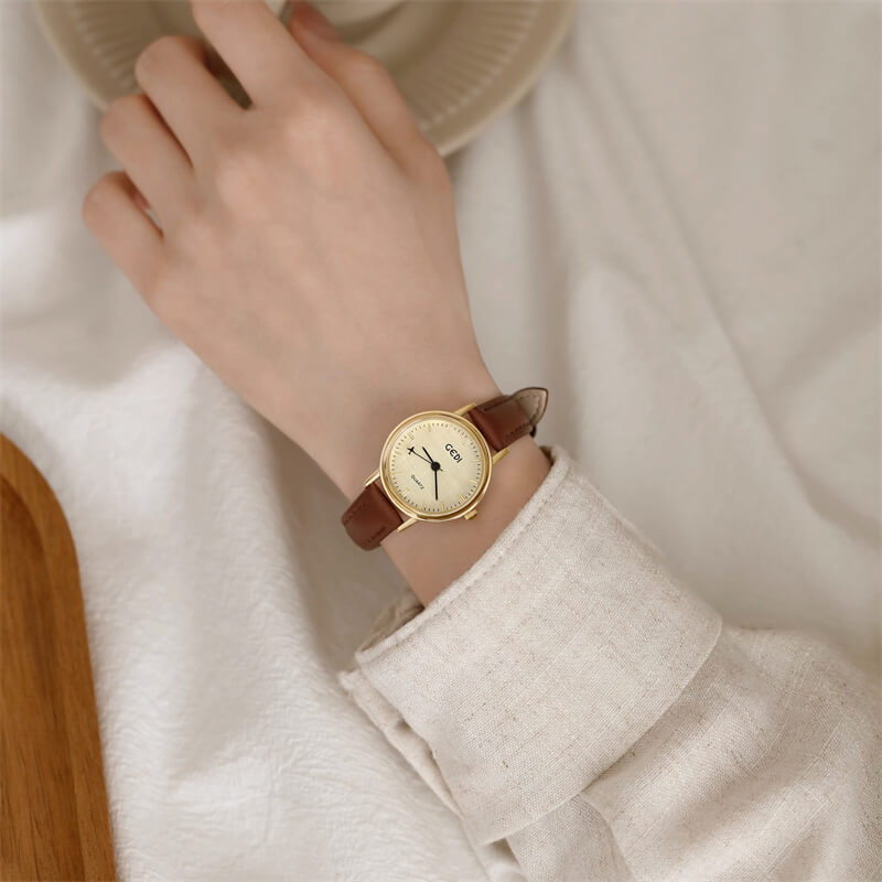 Modern Style Brown Round Leather Watch for Women