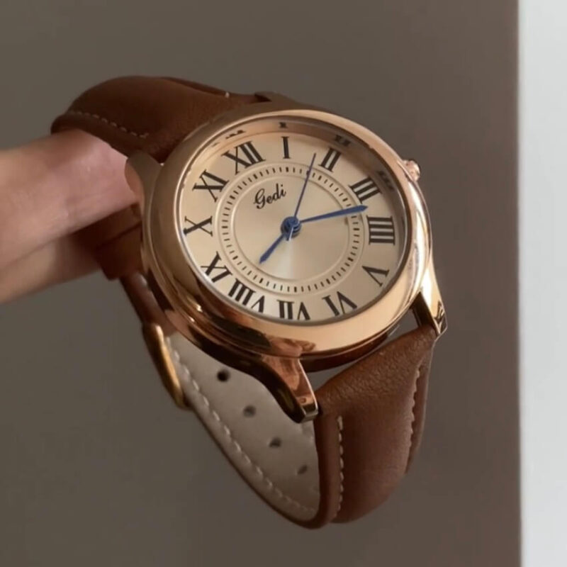 Classic Brown/Black Round Genuine Leather Women's Watch