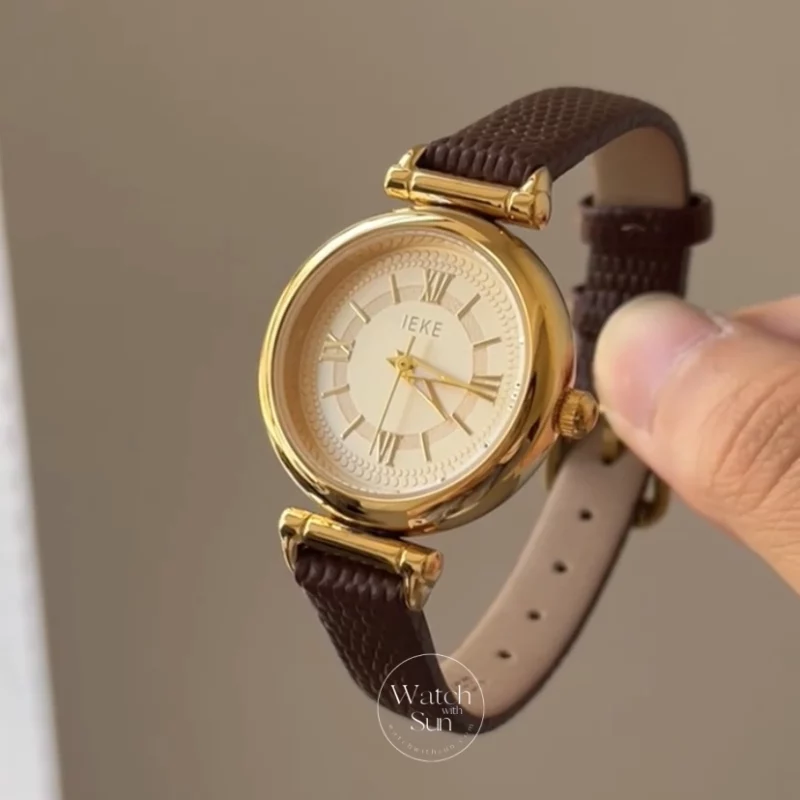Minimalist Round Roman Numeral Dial Brown Leather Watch