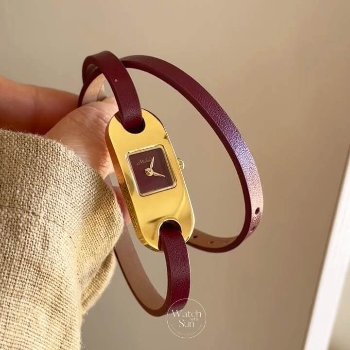 Chic Oval Face Red Leather Watch for Women