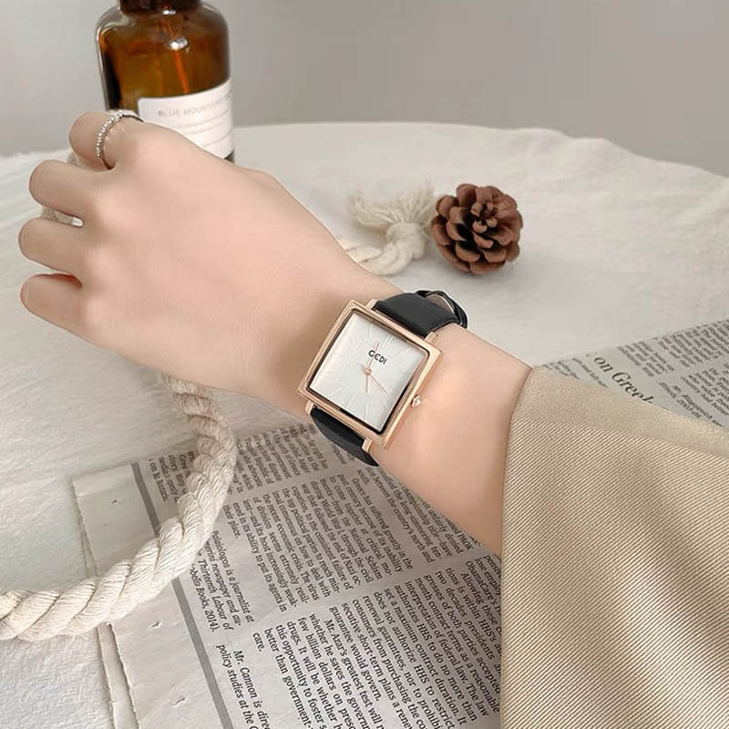 Chic Style Brown/Black Square Leather Watch for Women