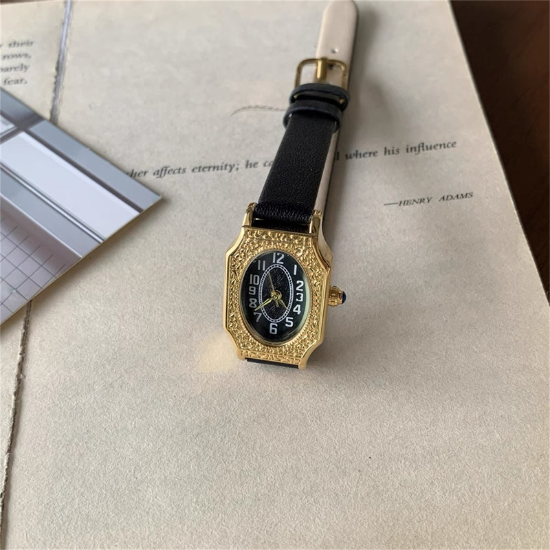 Dainty Oval Face Black Leather Watch
