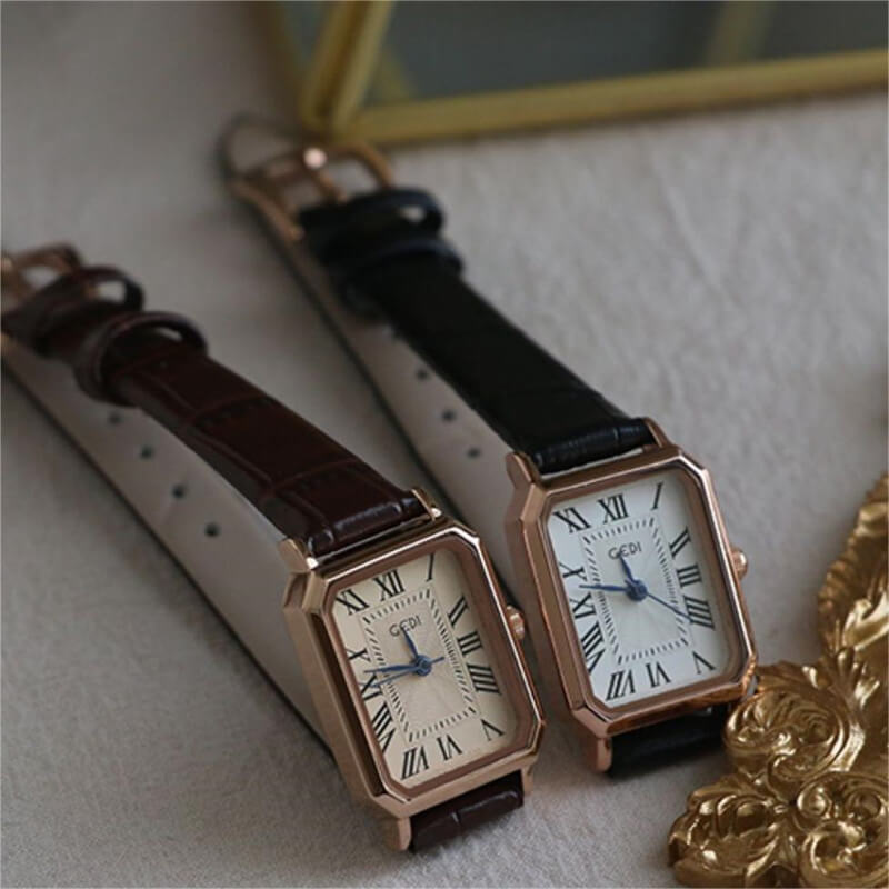 Vintage Style White/Black Rectangle Face Genuine Leather Watch for Women