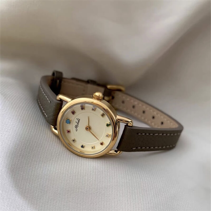 Minimalist Style Black/Grey Round Genuine Leather Watch