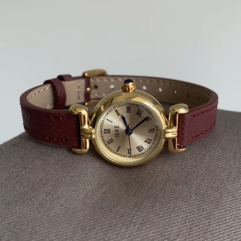 Vintage Style Gold Small Round Face Leather Ladies Watch