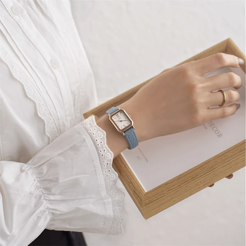 Minimalist Style Blue/Green Rectangle Leather Watch