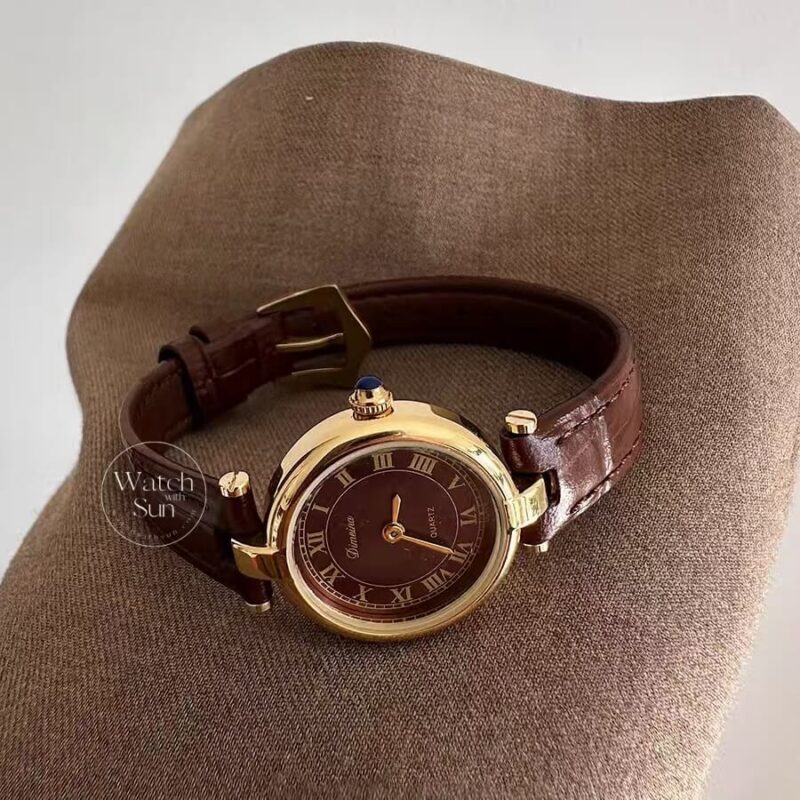 Vintage Roman Numeral Dial Brown Leather Watch