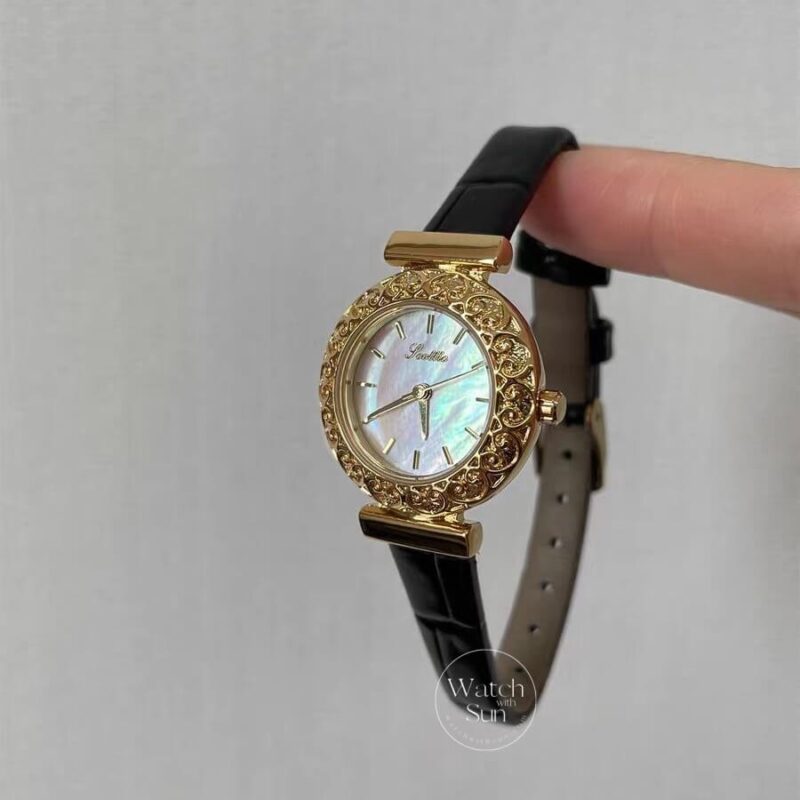 Dainty Mother of Pearl Round Face Black Leather Watch