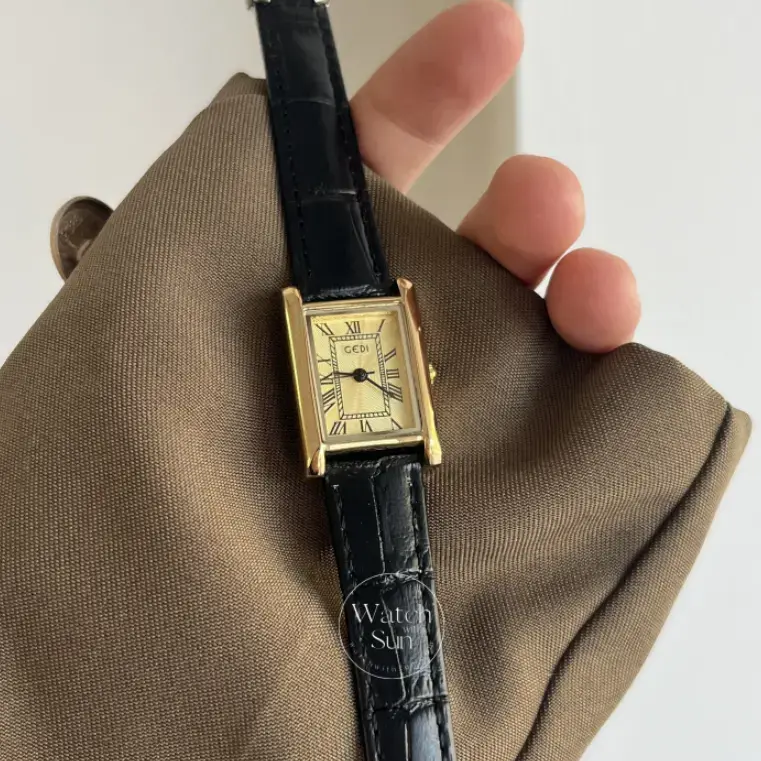 Classic black leather square Roman numeral gold dial watch