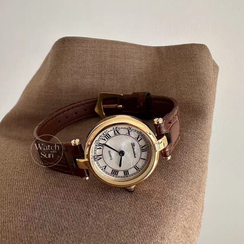 Vintage Roman Numeral Dial Brown Leather Watch