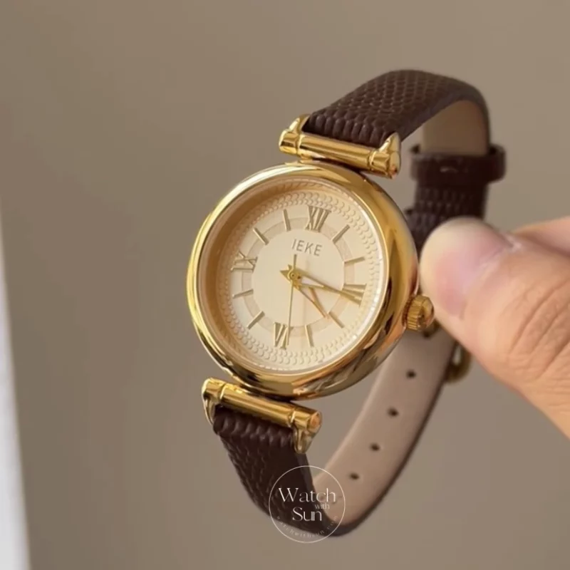 Minimalist Round Roman Numeral Dial Brown Leather Watch