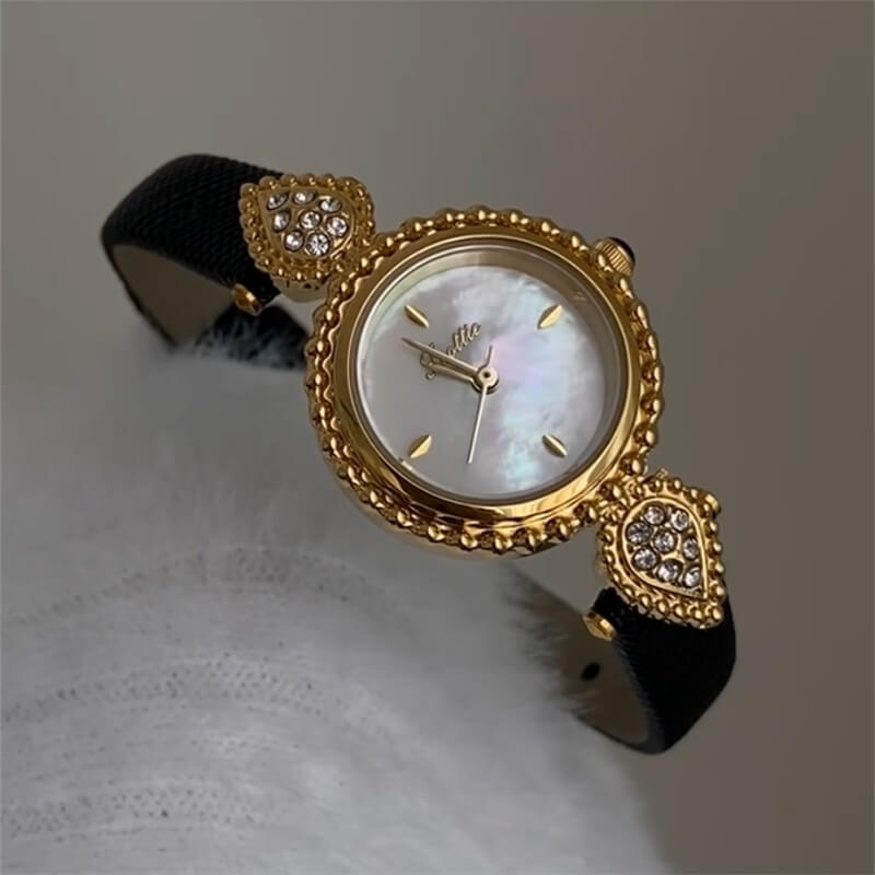 Danity Gold Round Face Genuine Leather Watch For Women
