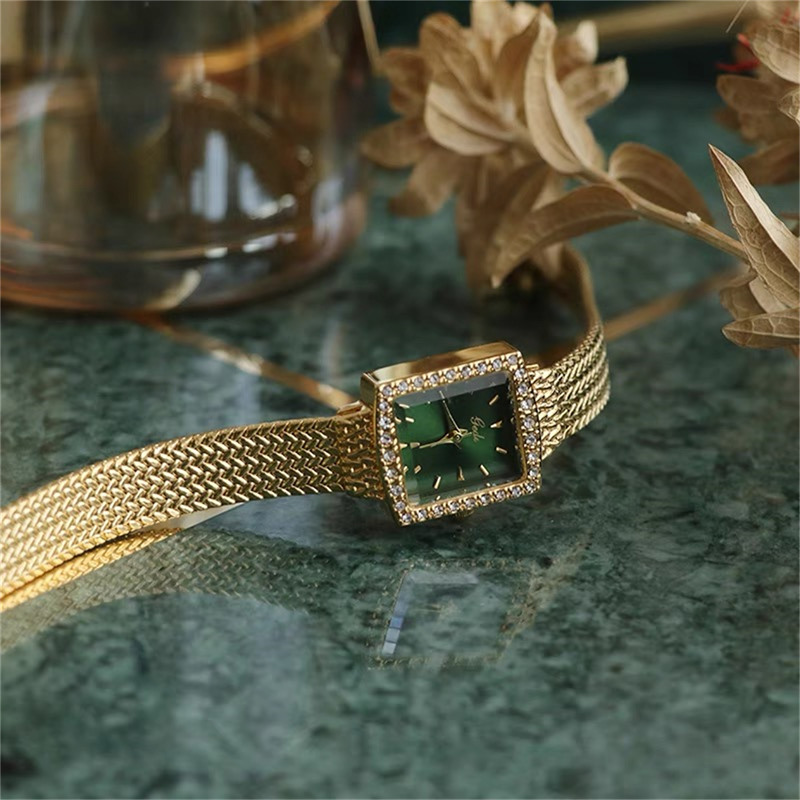 Square Face Gold Green Bracelet Watch