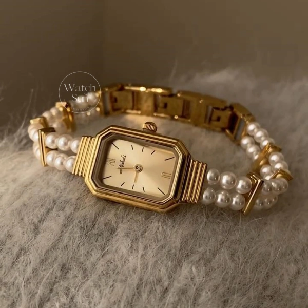 Vintage-inspired Pearl Bracelet Ladies Watch Dainty Gold Octagon Watch