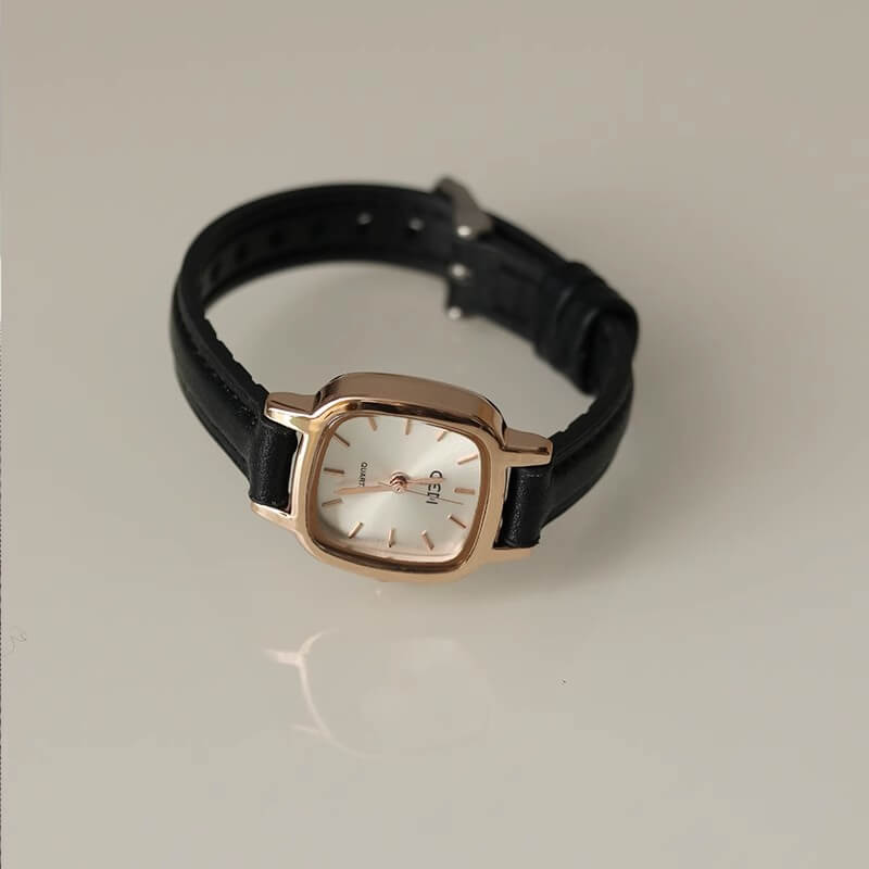 Dainty Black Square Quartz Leather Watch for Women