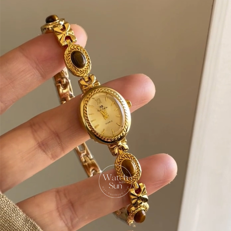 Vintage Natural Tiger's Eye Stone Bracelet Watch