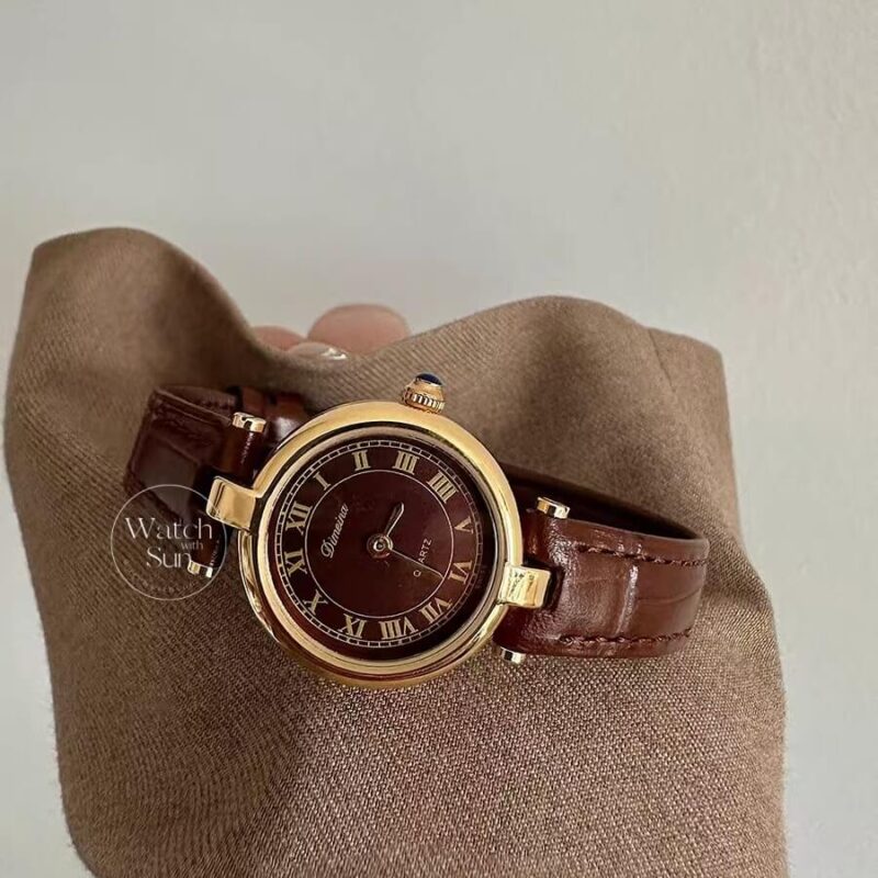 Vintage Roman Numeral Dial Brown Leather Watch