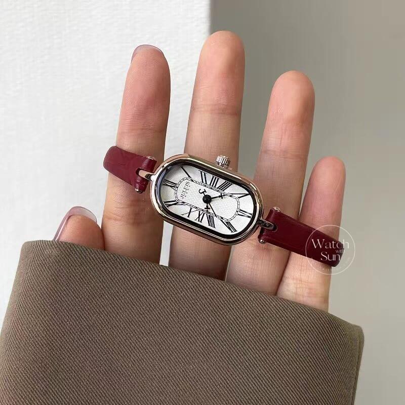 Classic Red Oval Genuine Leather Wristwatch