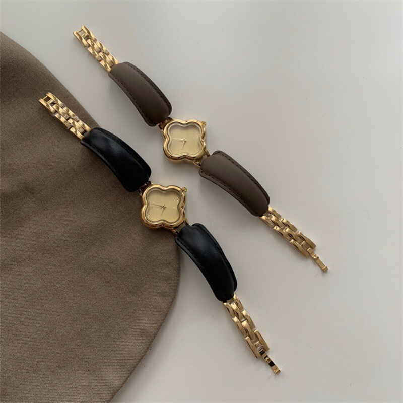 Chic Brown/Black Four Leaf Clover Leather Wristwatch