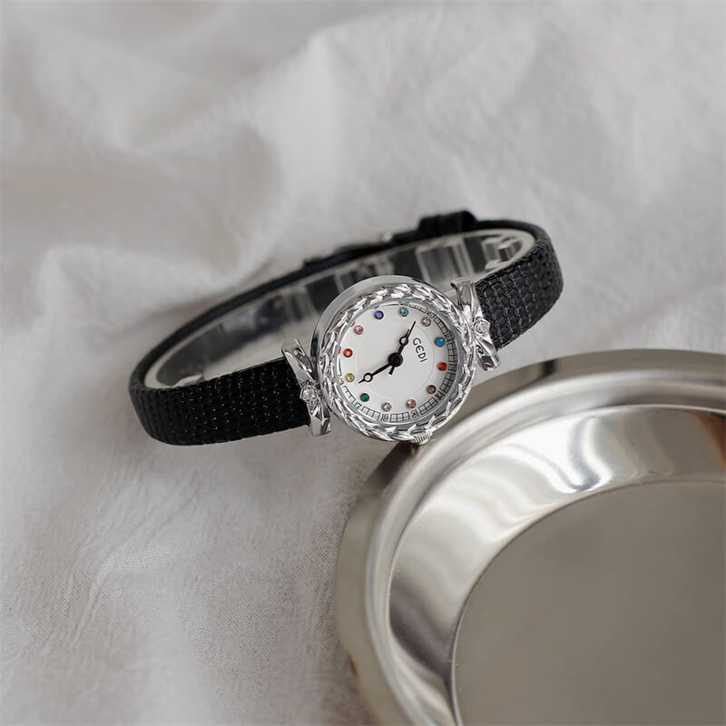 Dainty Brown/Black Round Leather Ladies’ Watch