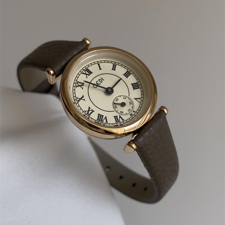 Classic Brown Roman Numerals Round Genuine Leather Watch