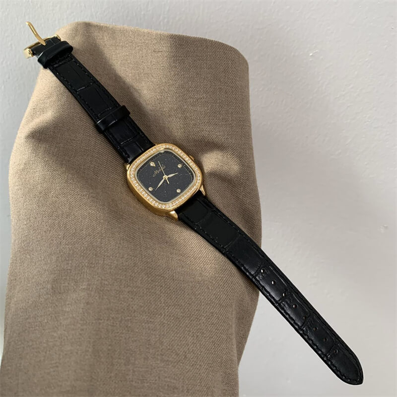 Chic Style Black Square Genuine Leather Wristwatch