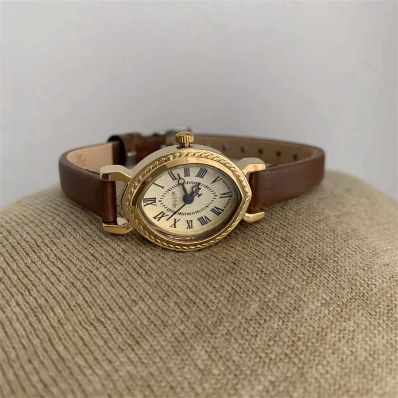 Classic Brown Bucket-Shaped Leather Watch for Women