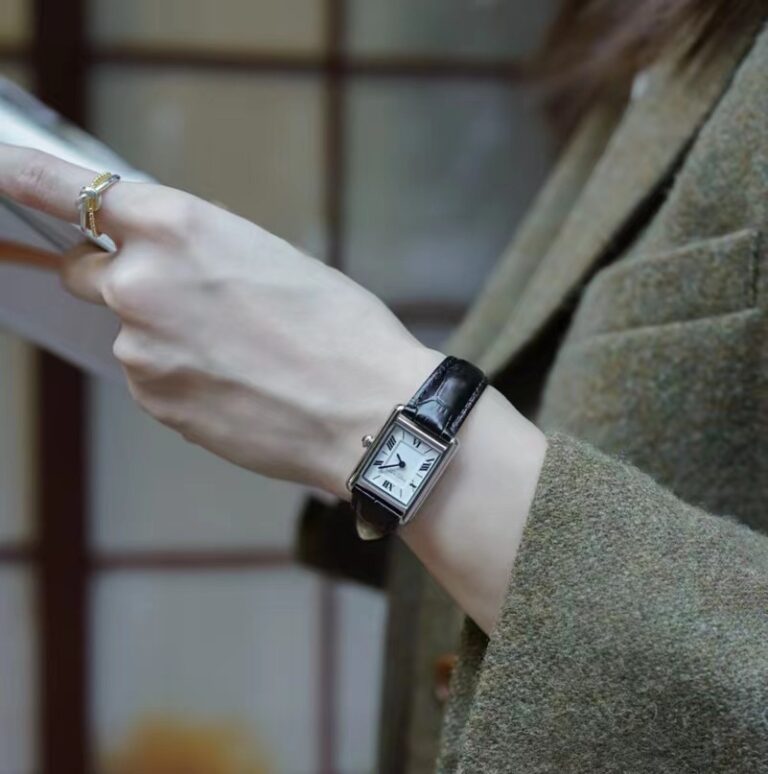 Black leather strap rectangular dial ladies watch