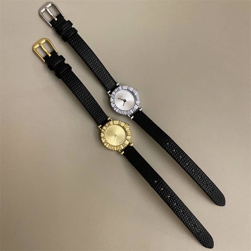 Minimalist Style Black-Gold/Silver Round Leather Watch for Women