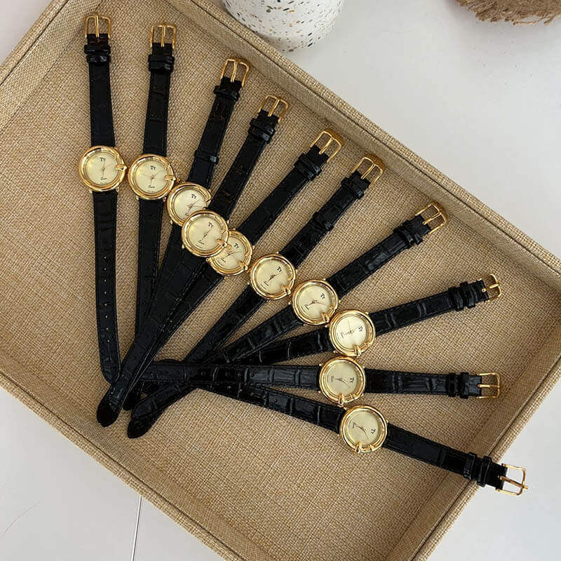 Black Leather Strap Gold Round Dial Women's Watch