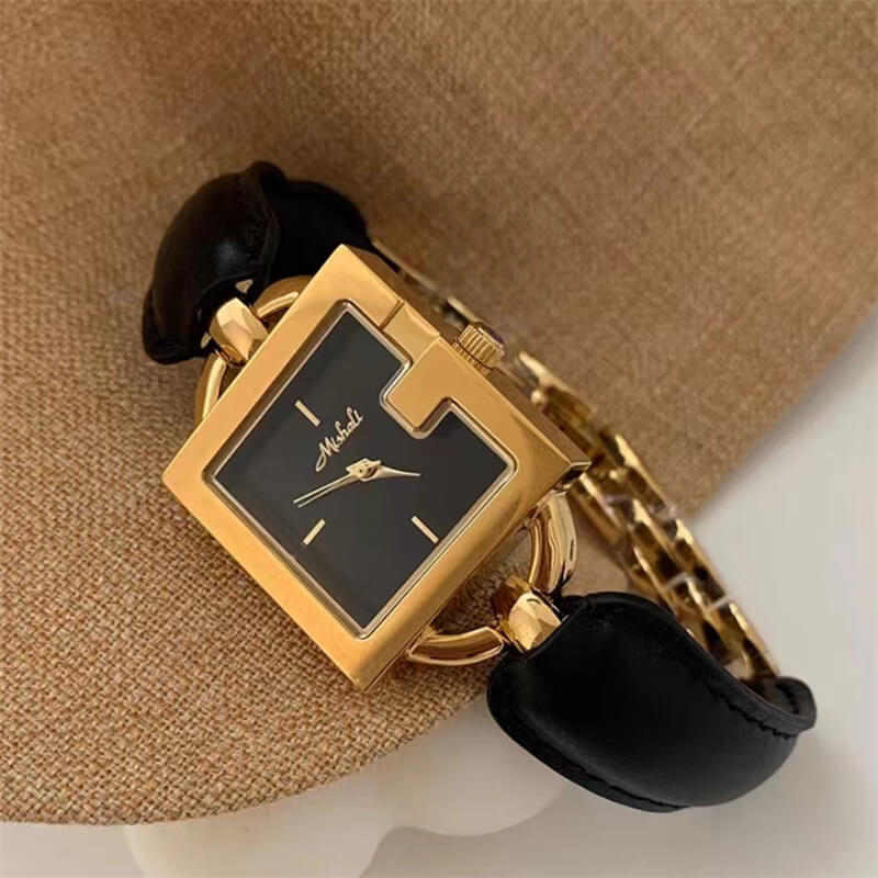 Dainty Black Square Leather Bracelet Wristwatch