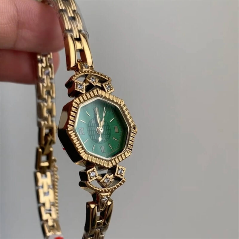Vintage Style Emerald Green Dial Gold Bracelet Watch