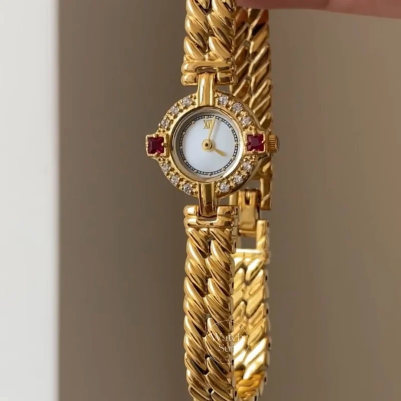 Vintage-Inspired Ruby Crystal Dial Gold Bracelet Ladies Watch ...
