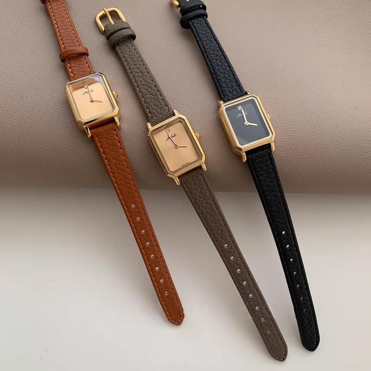 Minimalist Style Black Rectangle Genuine Leather Women's Watch