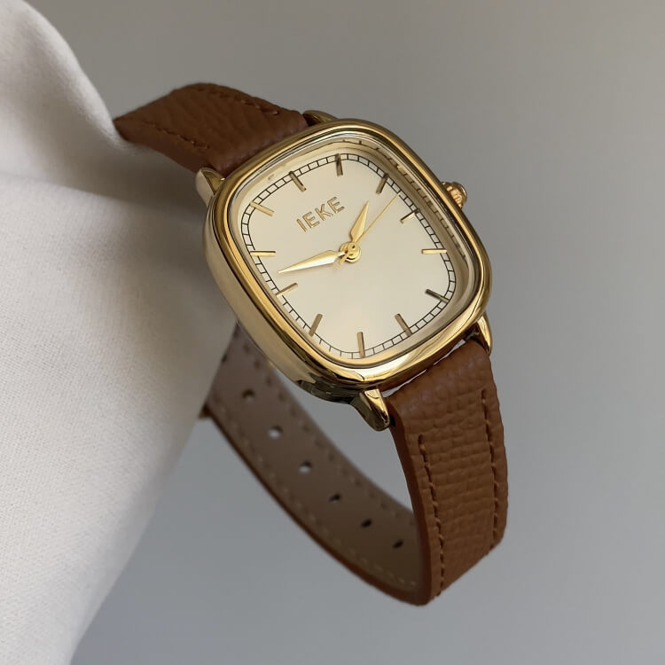 Vintage Style Brown-Gold Square Leather Watch for Women
