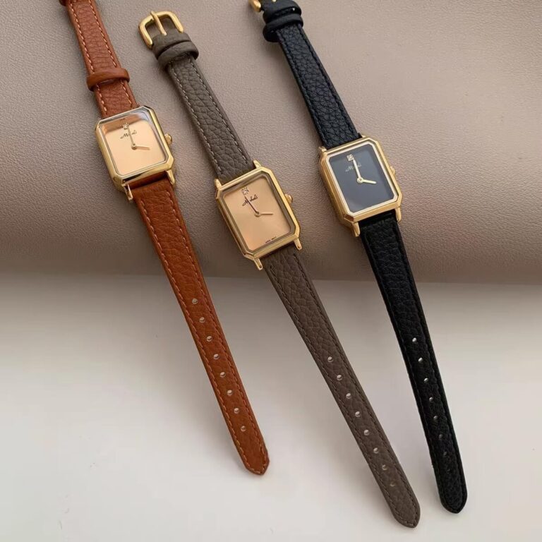 Minimalist Style Black Rectangle Genuine Leather Women's Watch