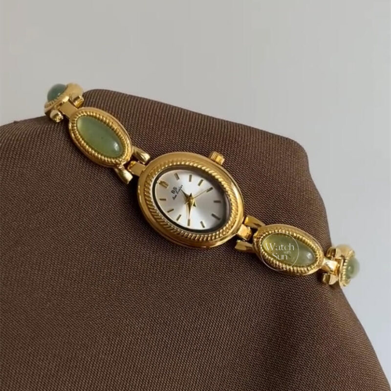 Vintage Style Green Jade Stone Bracelet Watch