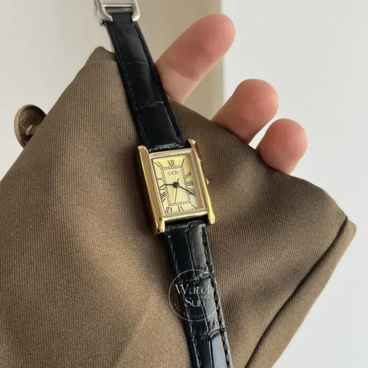 Classic black leather square Roman numeral gold dial watch