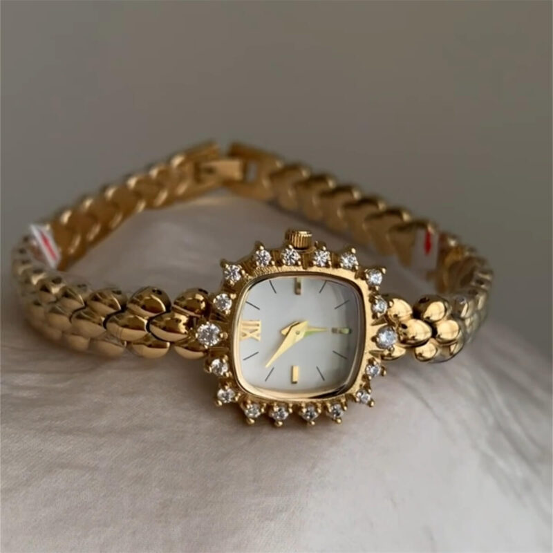 Square Face Gold Bracelet Zirconia Watch