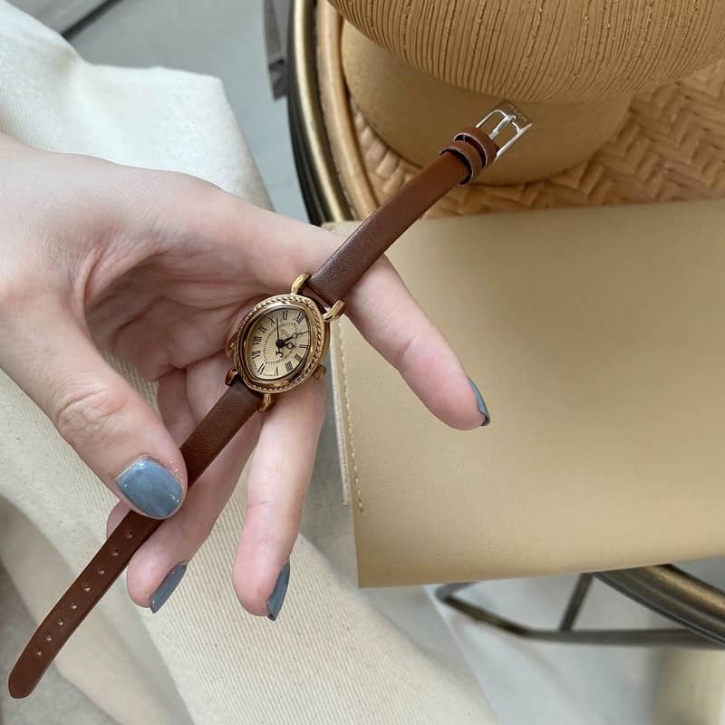 Classic Brown Bucket-Shaped Leather Watch for Women