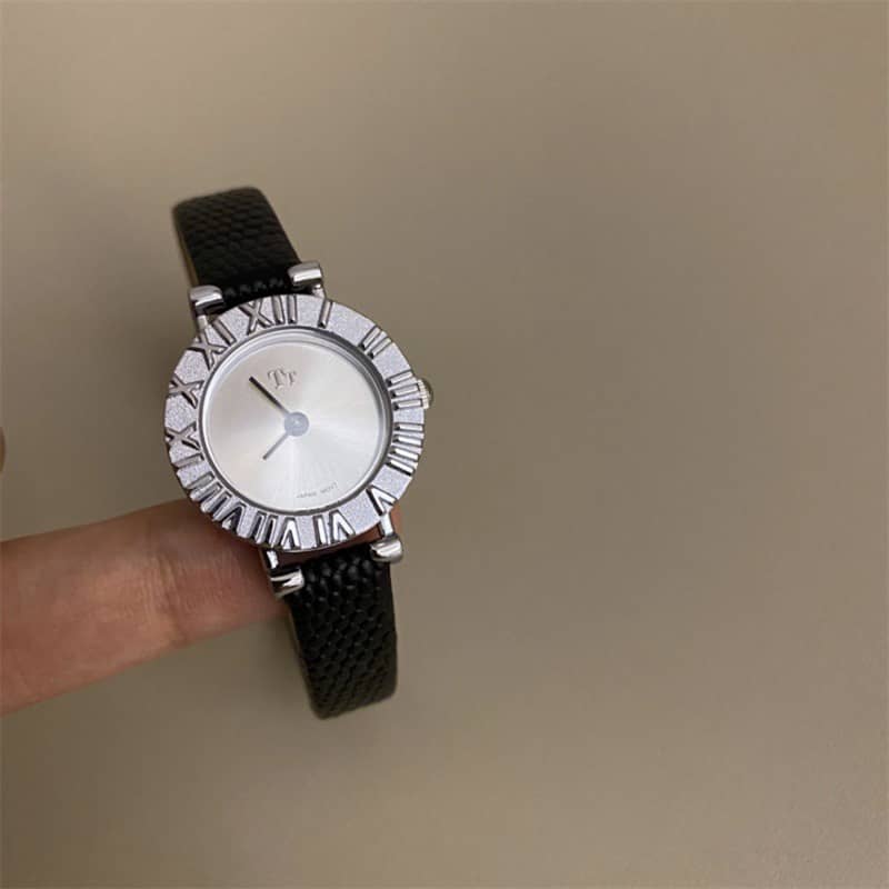 Minimalist Style Black-Gold/Silver Round Leather Watch for Women