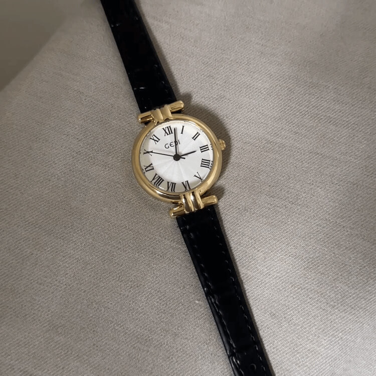 Dainty Black/Brown Round Genuine Leather Watch