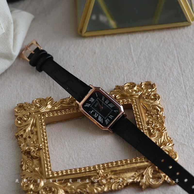 Vintage Style White/Black Rectangle Face Genuine Leather Watch for Women
