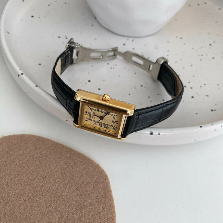 Black Rectangular Roman Numeral Dial Women's Leather Watch