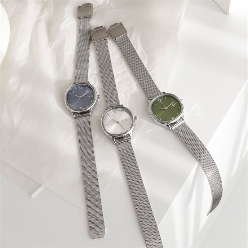 Minimalist Style Silver Round Mesh Strap Quartz Watch