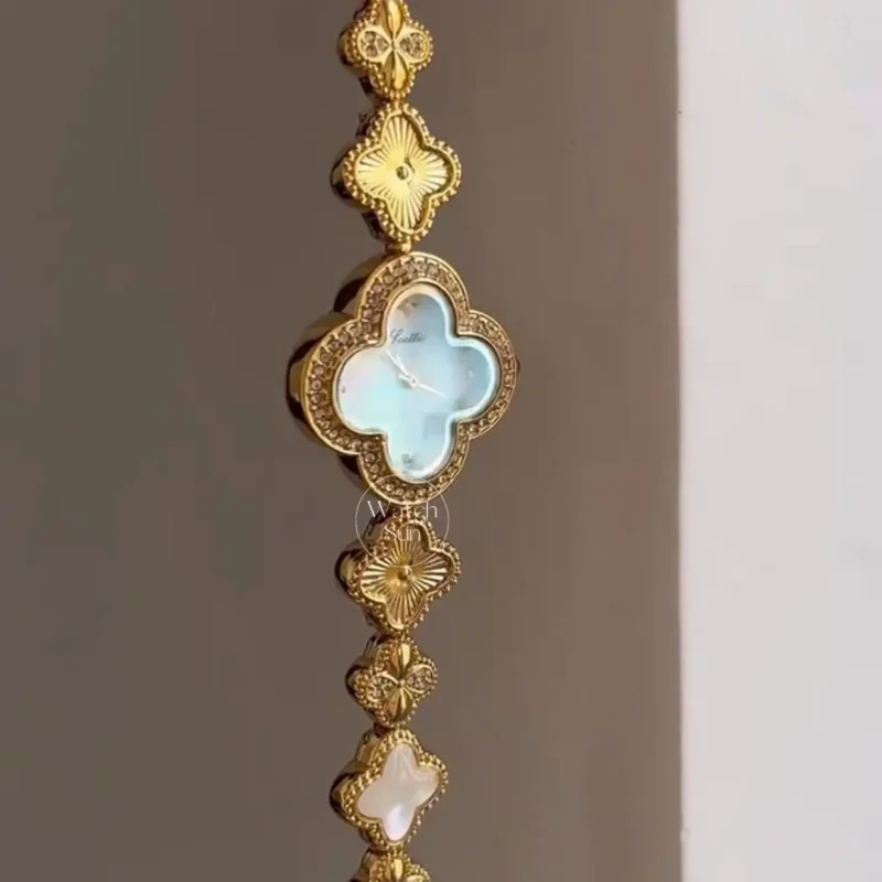 Dainty Four Leaf Clover Gold Bracelet Watch Mother-of-Pearl Dial Watch for Women